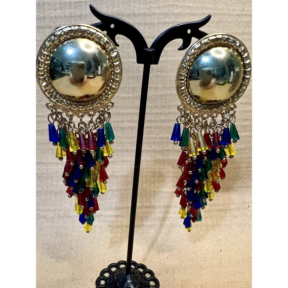 Vintage Style Gold Tone Multicolor Bead Dangle Statement Earrings Size 3.5in